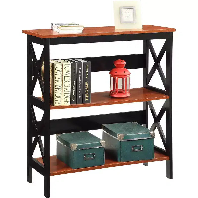 3-Tier Bookcase with X-Pattern Design, Glossy Black, 5 Shelves