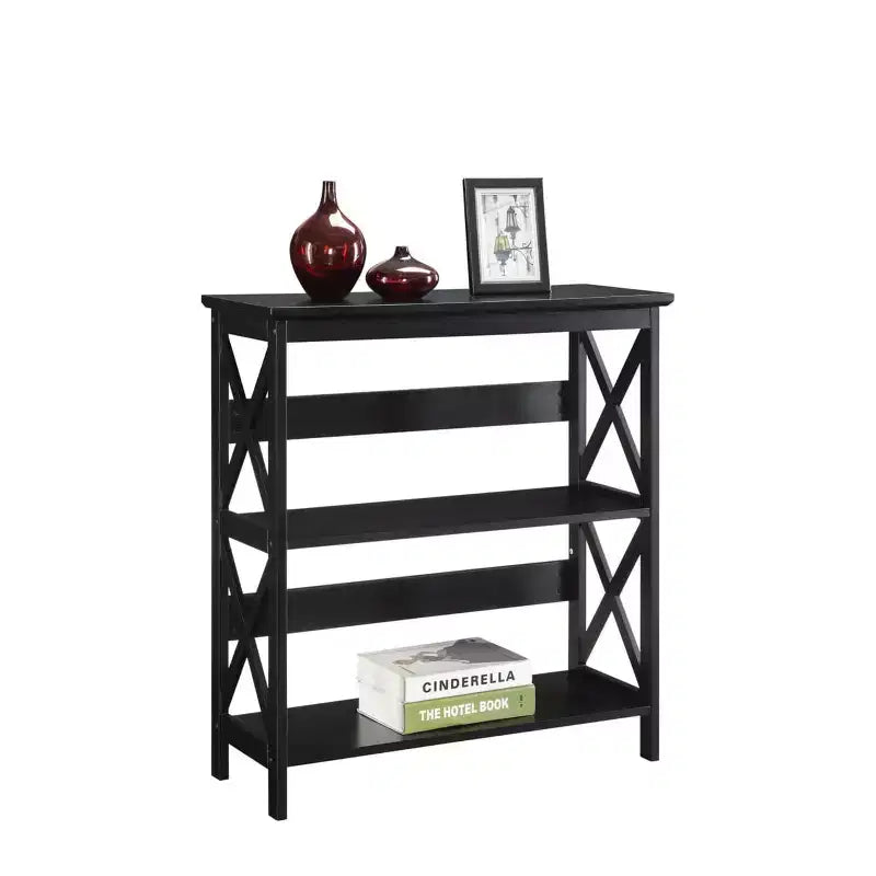 3-Tier Bookcase with X-Pattern Design, Glossy Black, 5 Shelves
