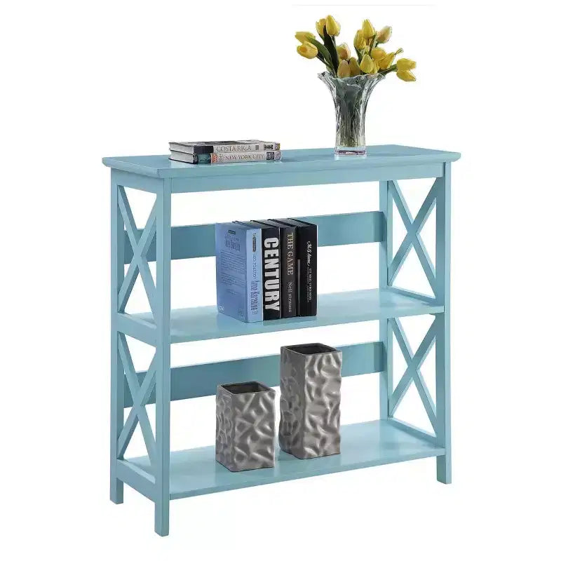 3-Tier Bookcase with X-Pattern Design, Glossy Black, 5 Shelves
