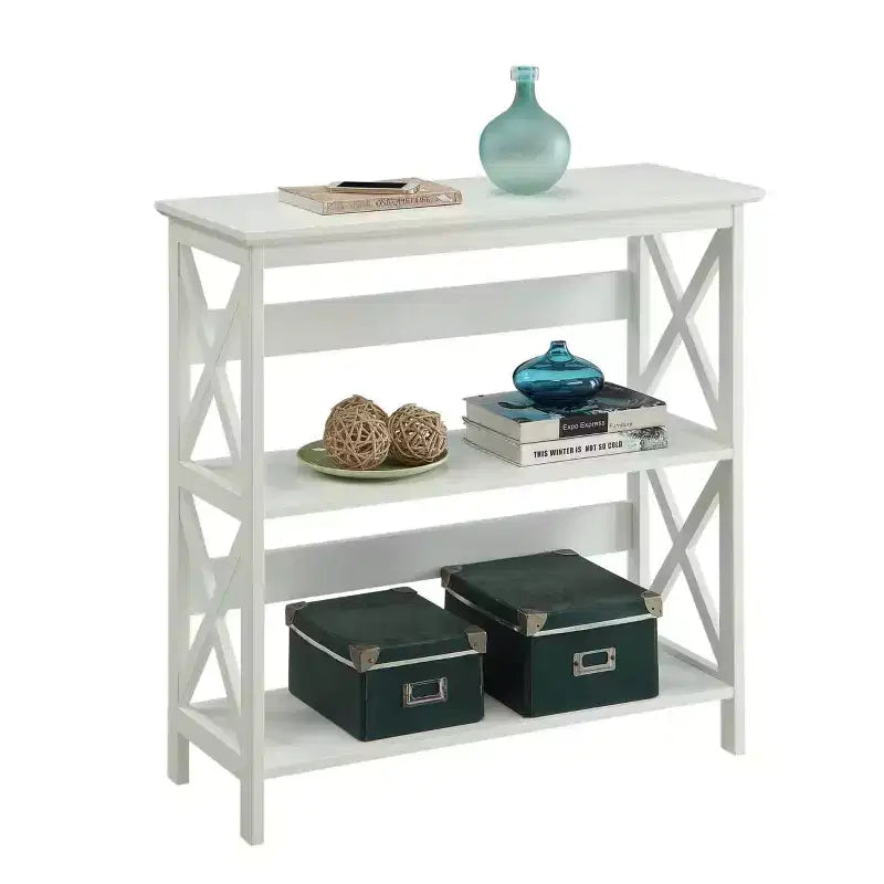 3-Tier Bookcase with X-Pattern Design, Glossy Black, 5 Shelves