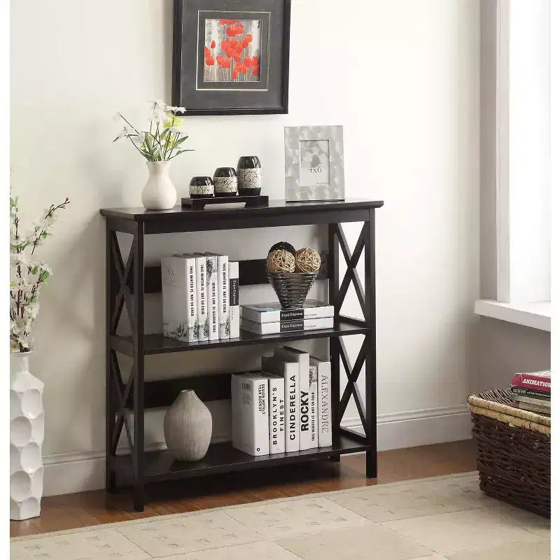 3-Tier Bookcase with X-Pattern Design, Glossy Black, 5 Shelves