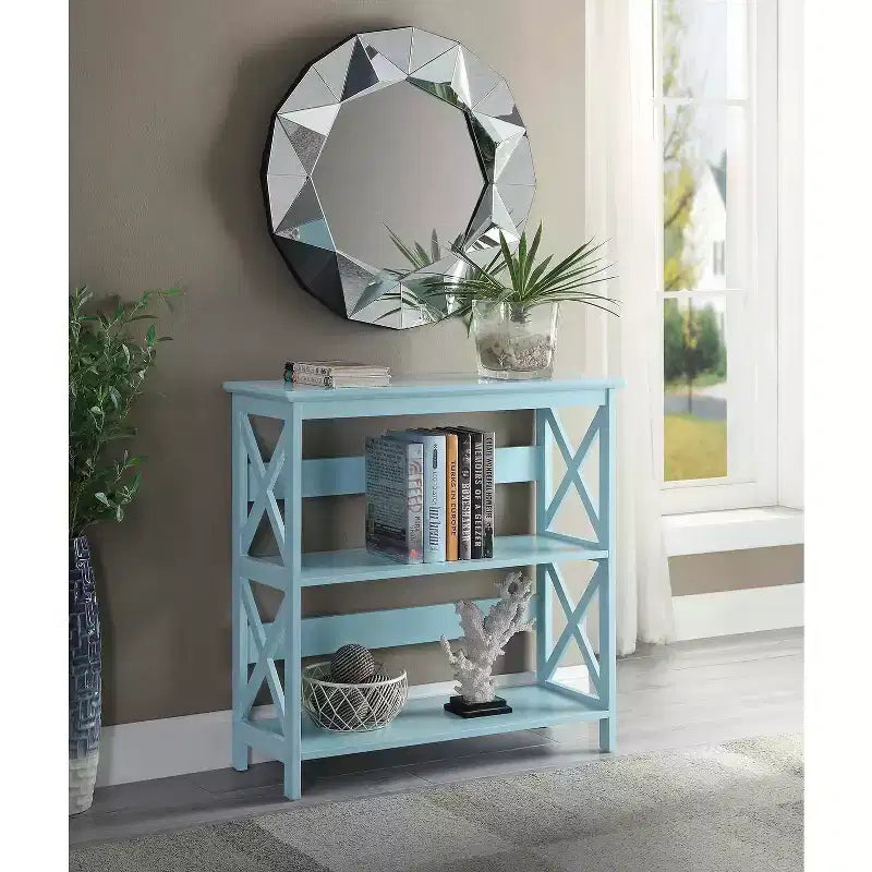 3-Tier Bookcase with X-Pattern Design, Glossy Black, 5 Shelves