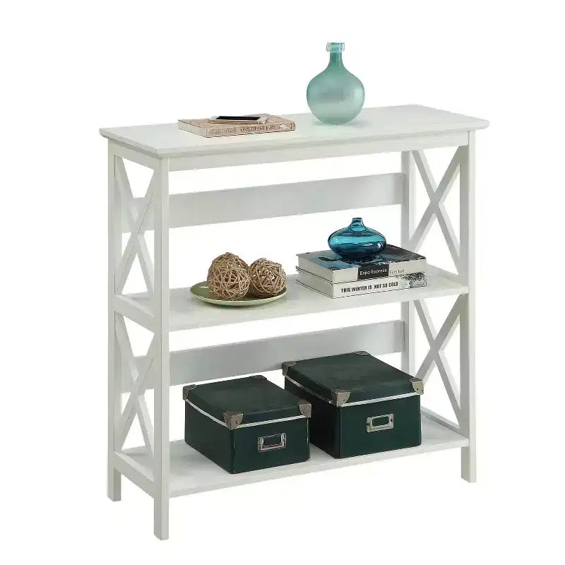 3-Tier Bookcase with X-Pattern Design, Glossy Black, 5 Shelves