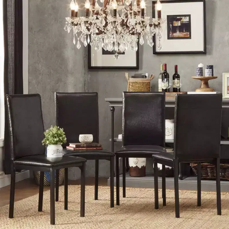 Set of 2 Metal Upholstered Dining Chairs, Black, Armless with Solid Back