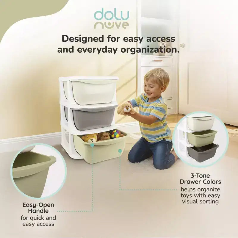 Kids 3-Tier Plastic Storage Unit with Drawers, Toy Organizer