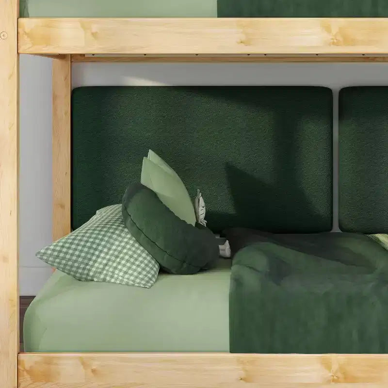 Low Twin over Twin Bunk Bed with 2 Floating Boucle Headboards, Solid Pine
