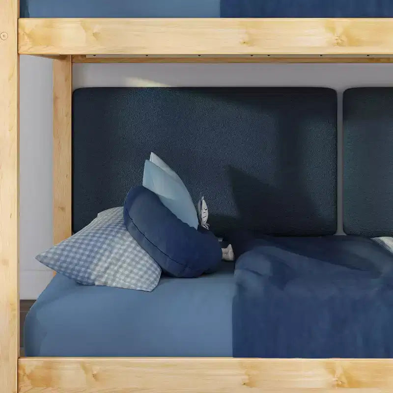 Low Twin over Twin Bunk Bed with 2 Floating Boucle Headboards, Solid Pine