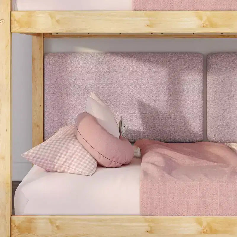 Low Twin over Twin Bunk Bed with 2 Floating Boucle Headboards, Solid Pine