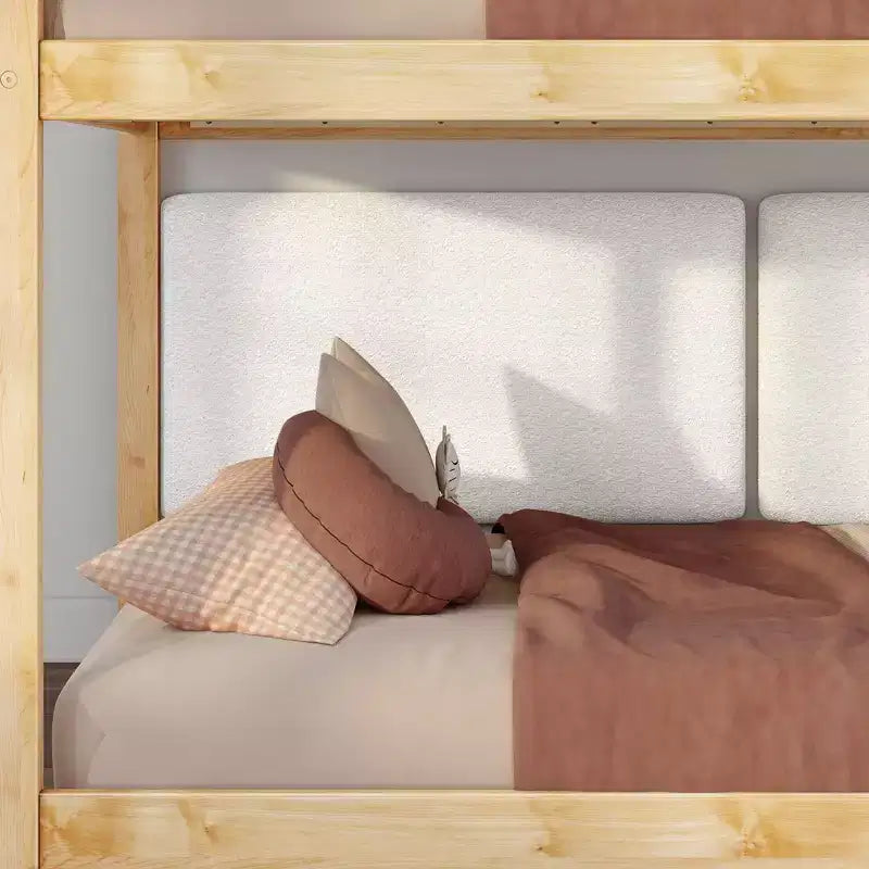 Low Twin over Twin Bunk Bed with 2 Floating Boucle Headboards, Solid Pine