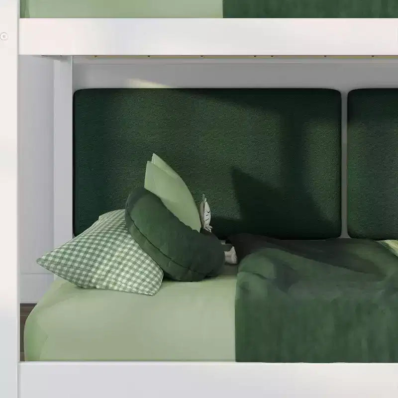 Low Twin over Twin Bunk Bed with 2 Floating Boucle Headboards, Solid Pine