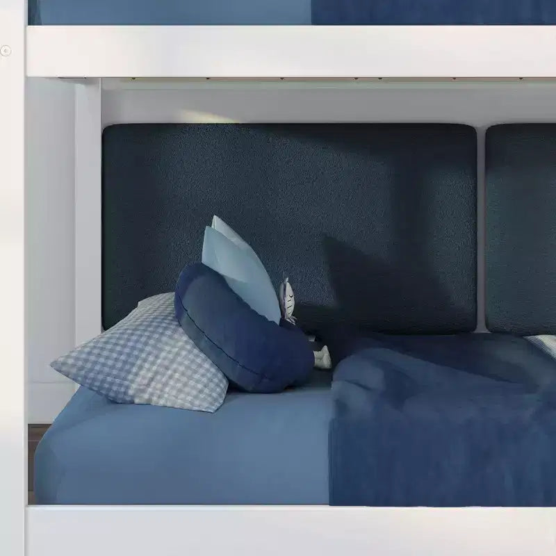 Low Twin over Twin Bunk Bed with 2 Floating Boucle Headboards, Solid Pine