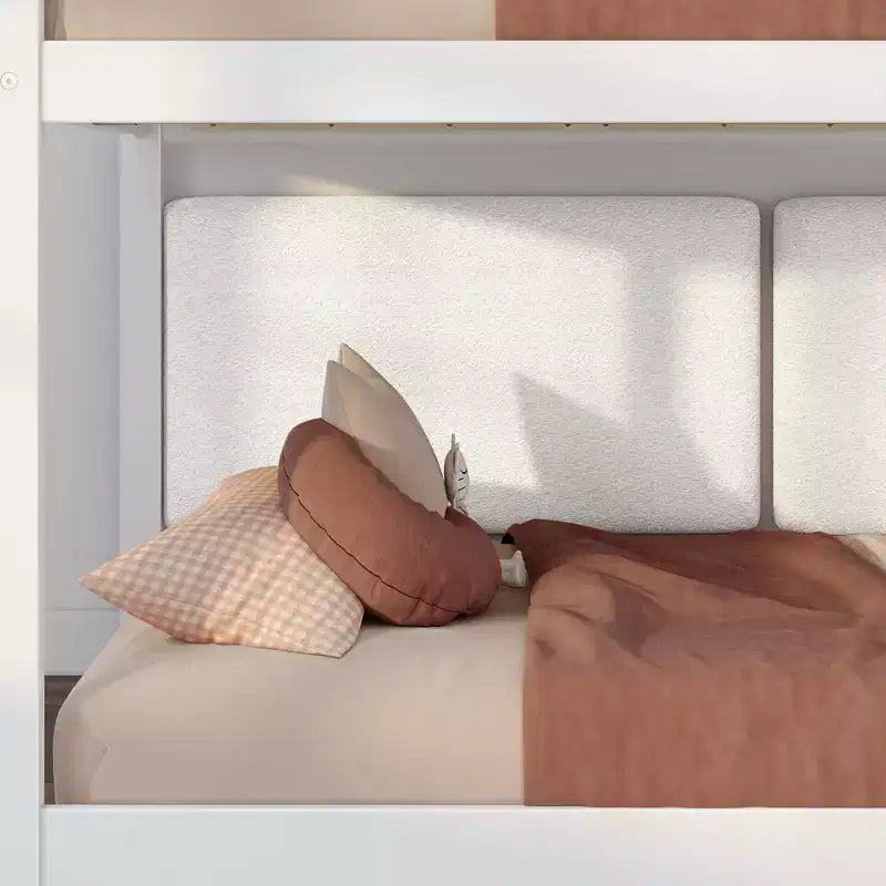 Low Twin over Twin Bunk Bed with 2 Floating Boucle Headboards, Solid Pine