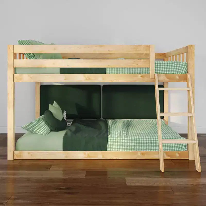Low Twin over Twin Bunk Bed with 2 Floating Boucle Headboards, Solid Pine