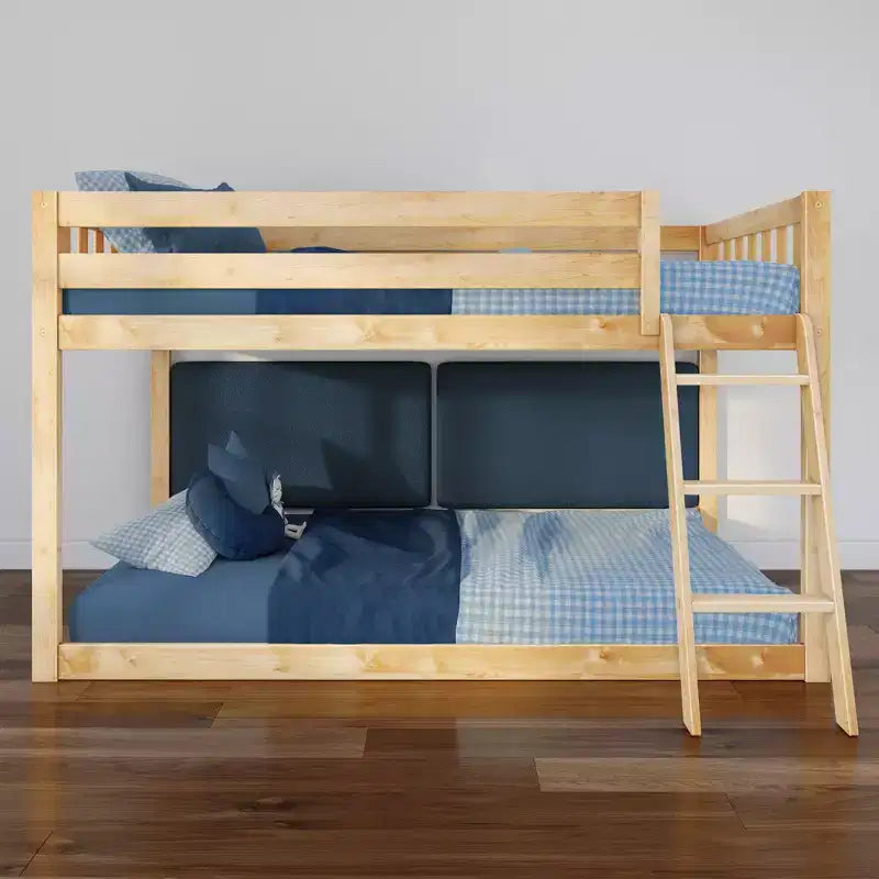 Low Twin over Twin Bunk Bed with 2 Floating Boucle Headboards, Solid Pine