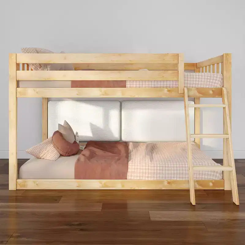 Low Twin over Twin Bunk Bed with 2 Floating Boucle Headboards, Solid Pine
