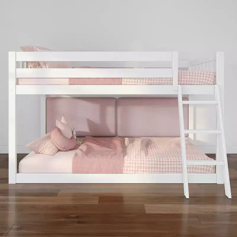Low Twin over Twin Bunk Bed with 2 Floating Boucle Headboards, Solid Pine