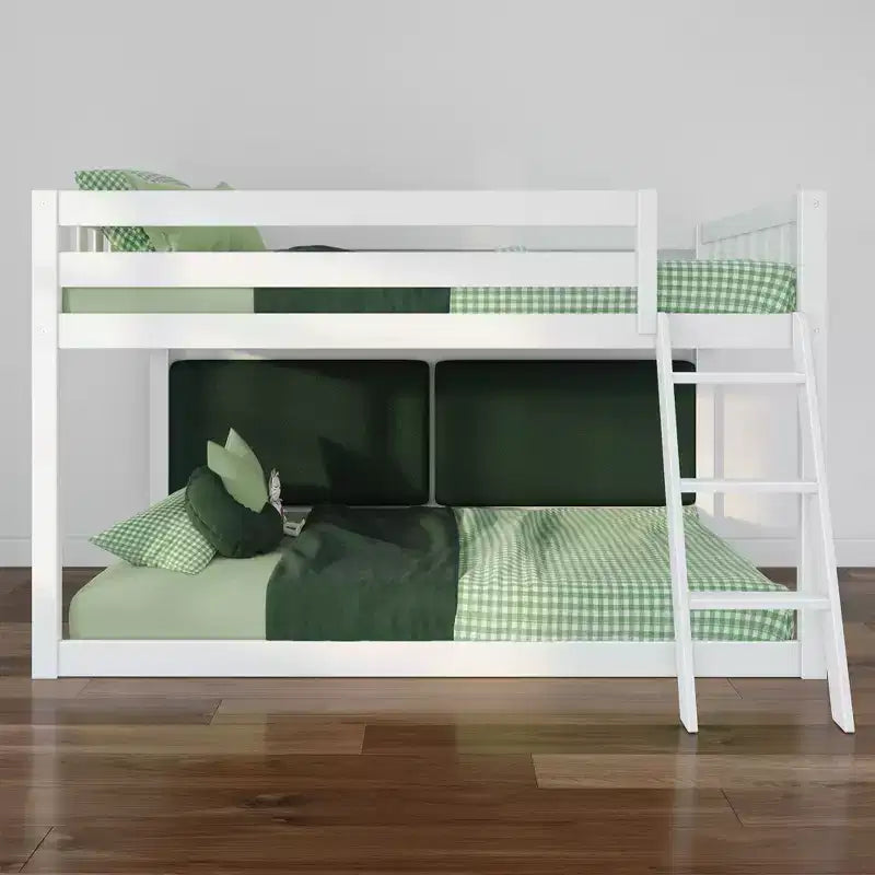 Low Twin over Twin Bunk Bed with 2 Floating Boucle Headboards, Solid Pine