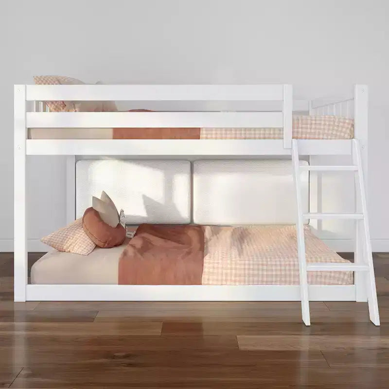 Low Twin over Twin Bunk Bed with 2 Floating Boucle Headboards, Solid Pine