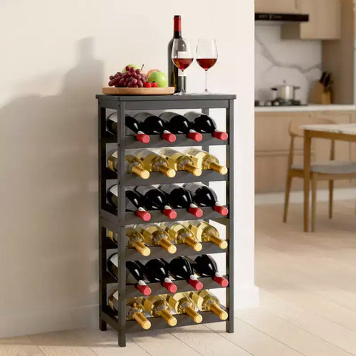 24-Bottle Detachable 6-Tier Bamboo Wine Rack, Freestanding Floor Display, Black