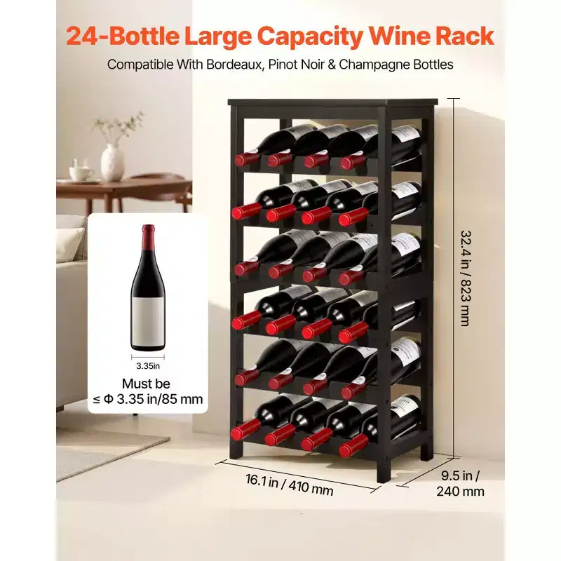24-Bottle Detachable 6-Tier Bamboo Wine Rack, Freestanding Floor Display, Black