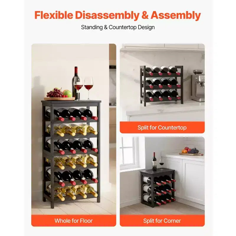 24-Bottle Detachable 6-Tier Bamboo Wine Rack, Freestanding Floor Display, Black