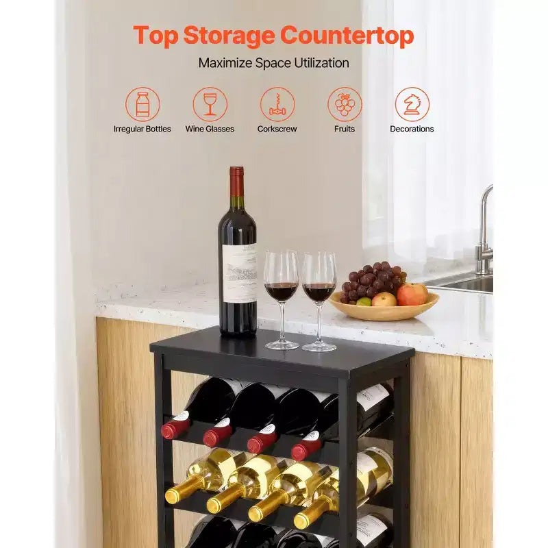 24-Bottle Detachable 6-Tier Bamboo Wine Rack, Freestanding Floor Display, Black