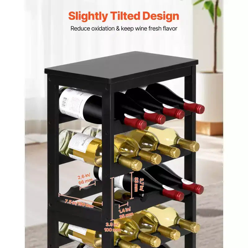 24-Bottle Detachable 6-Tier Bamboo Wine Rack, Freestanding Floor Display, Black