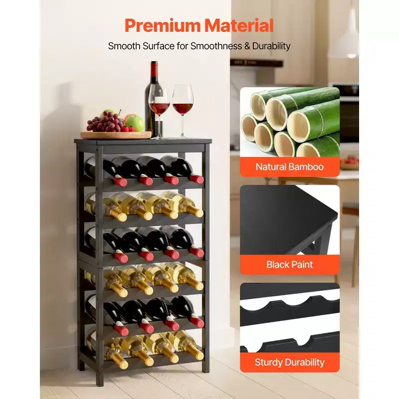 24-Bottle Detachable 6-Tier Bamboo Wine Rack, Freestanding Floor Display, Black
