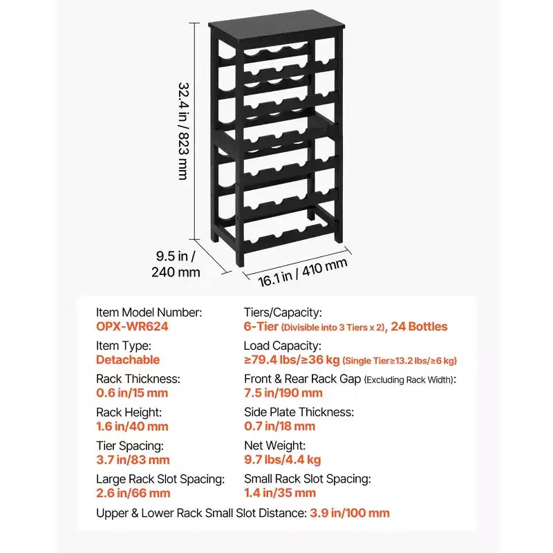 24-Bottle Detachable 6-Tier Bamboo Wine Rack, Freestanding Floor Display, Black