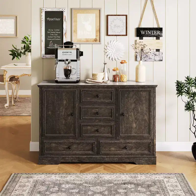 Sideboard Buffet Cabinet with 5 Drawers, 2 Doors, 47 Kitchen Storage Cabinet, Coffee Bar Cabinet with Adjustable Shelves for Dining Room Living Room