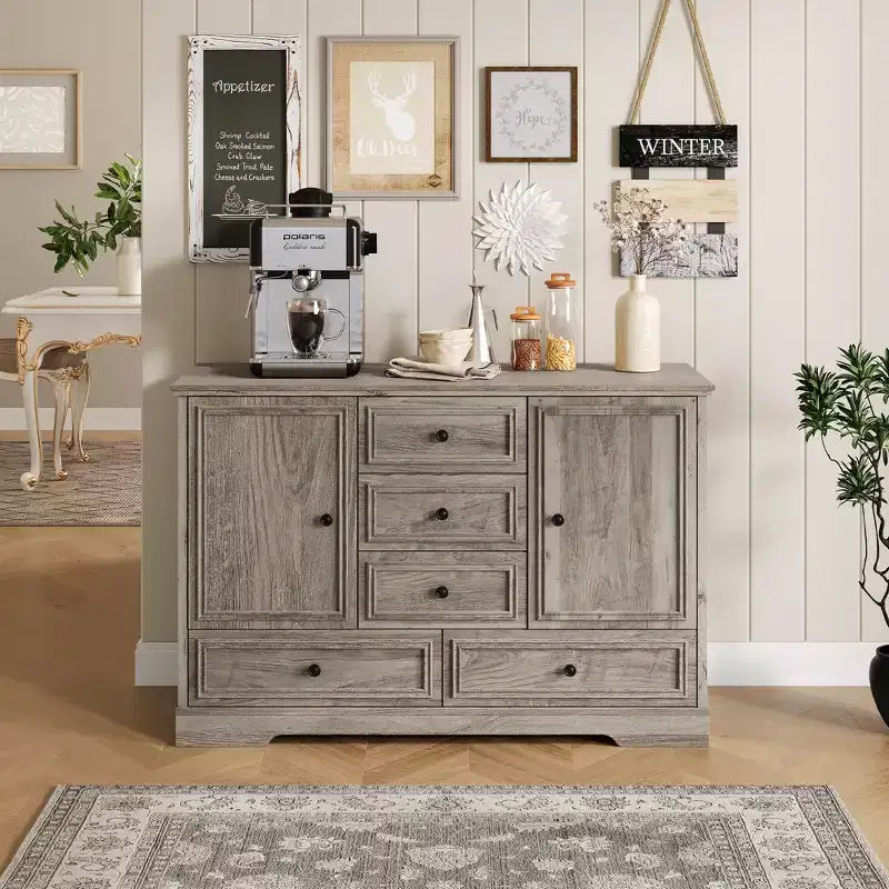Sideboard Buffet Cabinet with 5 Drawers, 2 Doors, 47 Kitchen Storage Cabinet, Coffee Bar Cabinet with Adjustable Shelves for Dining Room Living Room