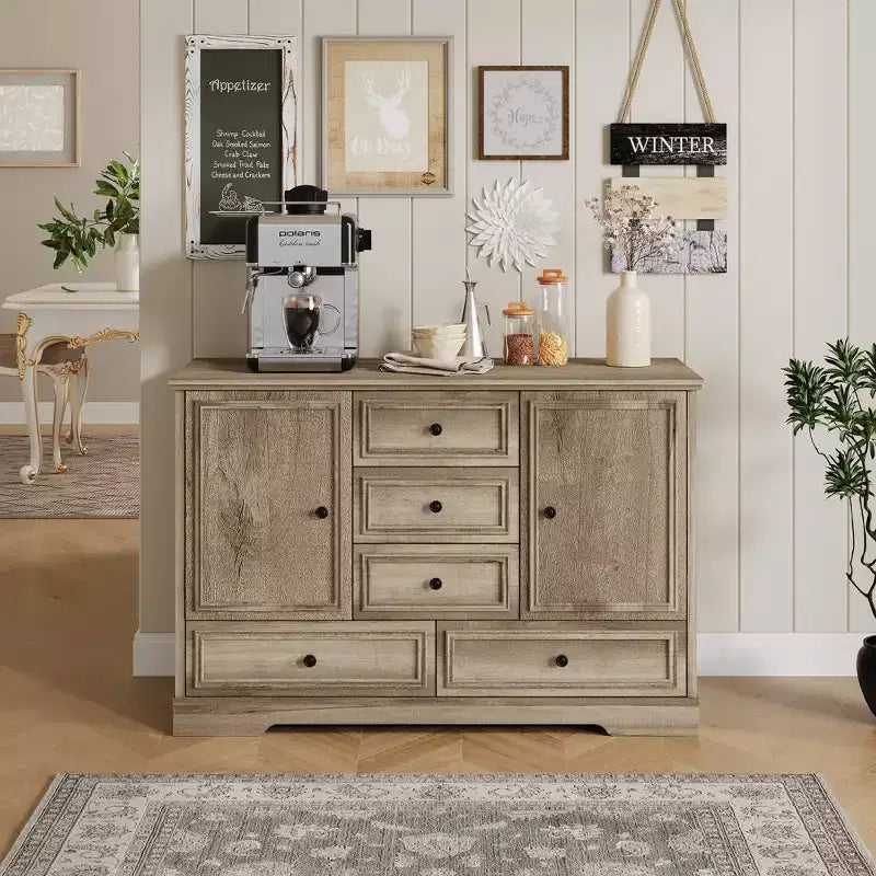 Sideboard Buffet Cabinet with 5 Drawers, 2 Doors, 47 Kitchen Storage Cabinet, Coffee Bar Cabinet with Adjustable Shelves for Dining Room Living Room
