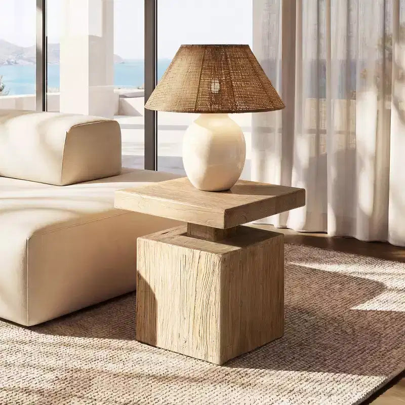 18" Solid Square Reclaimed Elm Block Plinth Side Table, Natural Brown