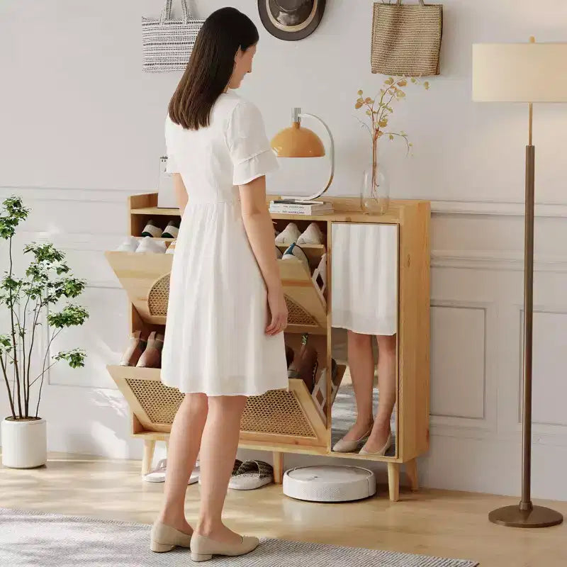 Natural Rattan Shoe Storage Cabinet with Mirror, 2 Flip Drawers & Adjustable Shelves for Entryway