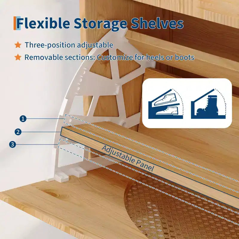 Natural Rattan Shoe Storage Cabinet with Mirror, 2 Flip Drawers & Adjustable Shelves for Entryway