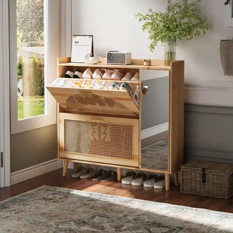 Natural Rattan Shoe Storage Cabinet with Mirror, 2 Flip Drawers & Adjustable Shelves for Entryway