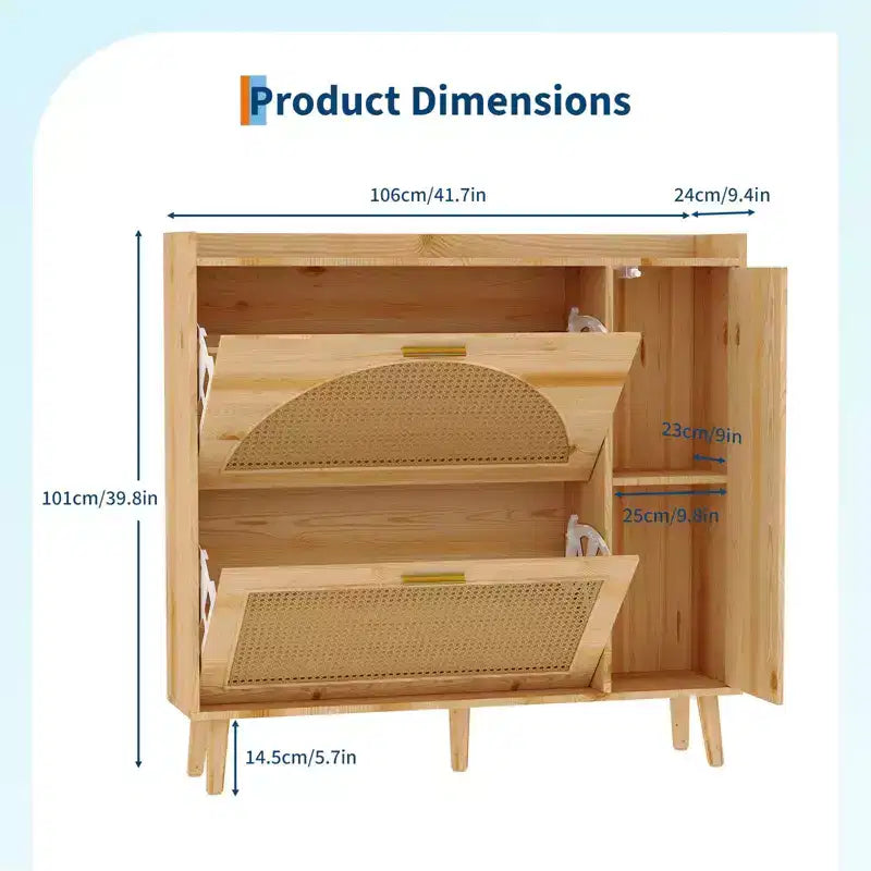 Natural Rattan Shoe Storage Cabinet with Mirror, 2 Flip Drawers & Adjustable Shelves for Entryway