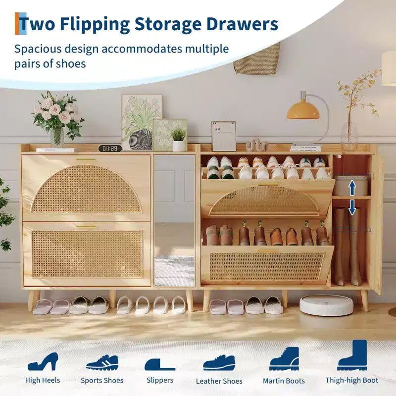 Natural Rattan Shoe Storage Cabinet with Mirror, 2 Flip Drawers & Adjustable Shelves for Entryway