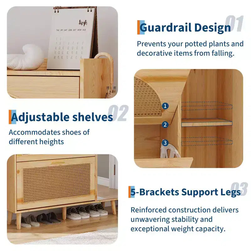 Natural Rattan Shoe Storage Cabinet with Mirror, 2 Flip Drawers & Adjustable Shelves for Entryway