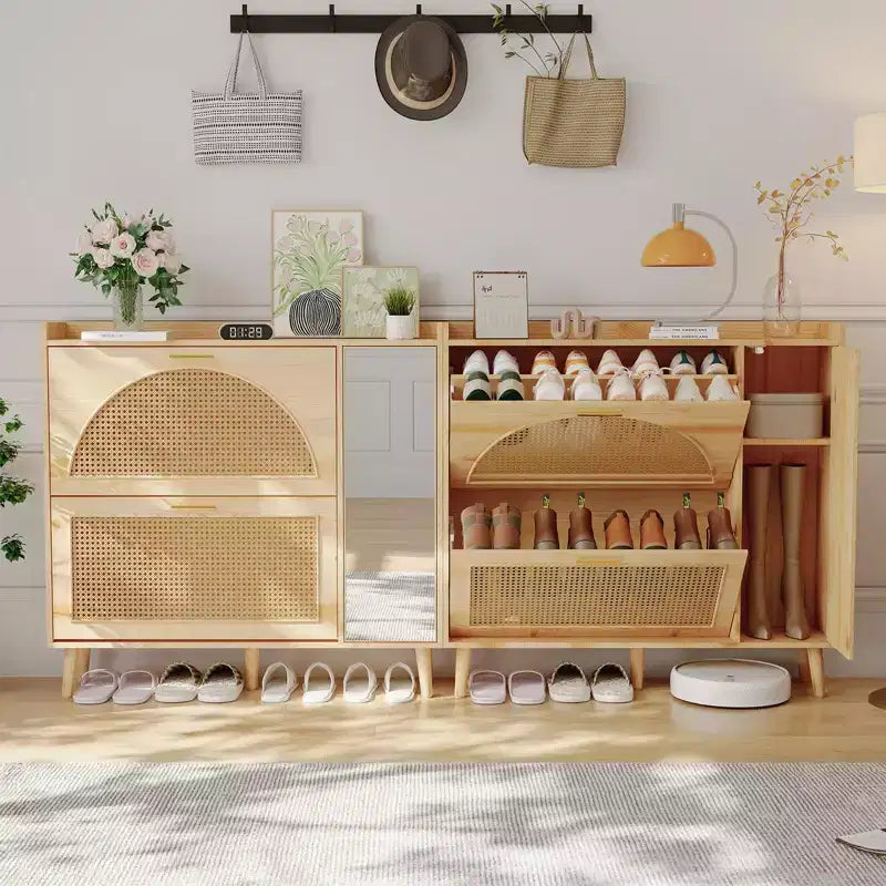 Natural Rattan Shoe Storage Cabinet with Mirror, 2 Flip Drawers & Adjustable Shelves for Entryway
