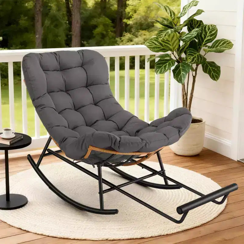 Oversized Rattan Rocking Chair, Extendable Footrest, Sturdy Metal Frame, Comfortable Reclining Lounge Chair for Porch, Lawn, Garden, Bedroom