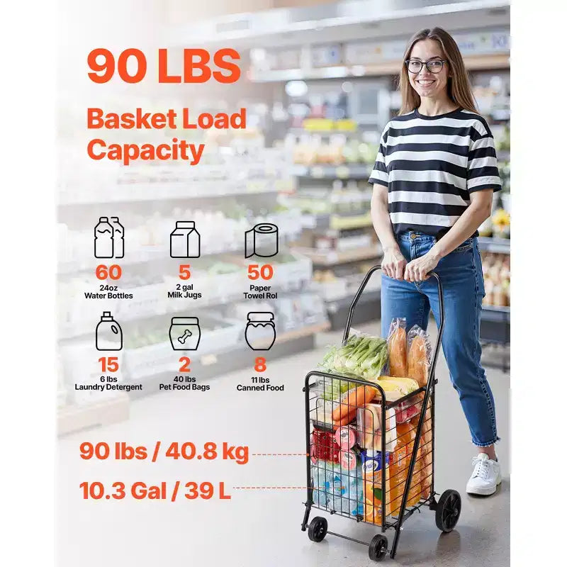 Folding Grocery Utility Cart with Swivel Wheels, 90 lb Capacity, Black