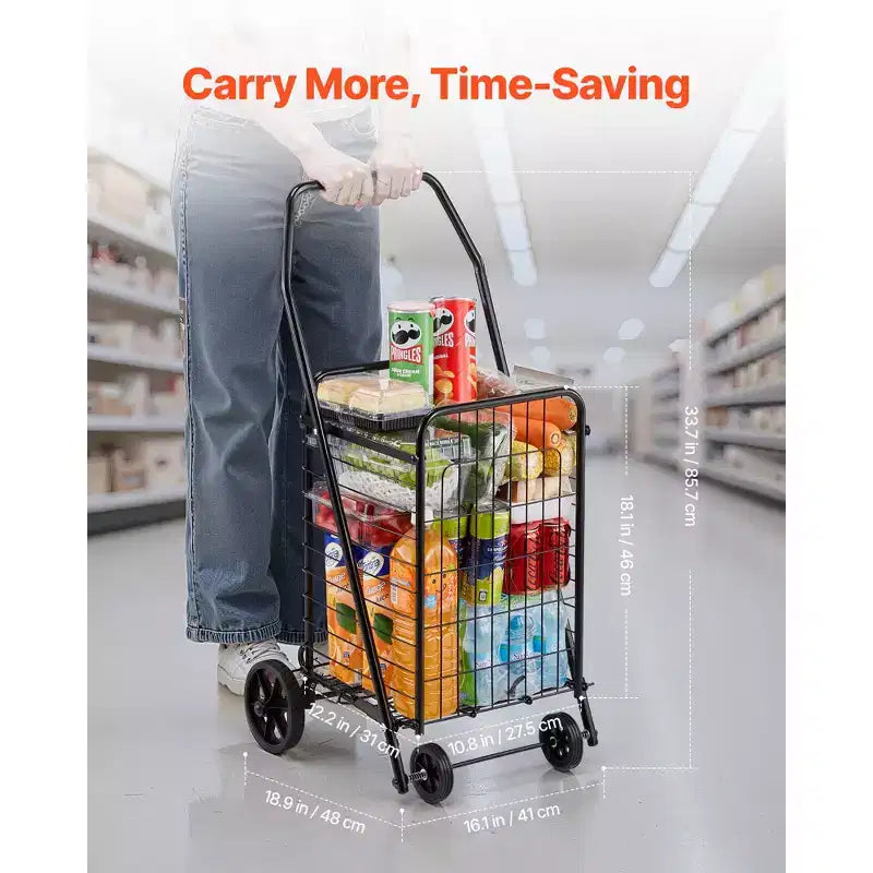 Folding Grocery Utility Cart with Swivel Wheels, 90 lb Capacity, Black