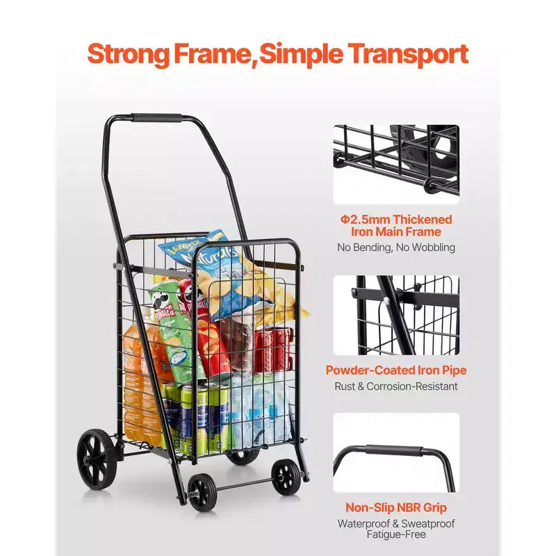 Folding Grocery Utility Cart with Swivel Wheels, 90 lb Capacity, Black