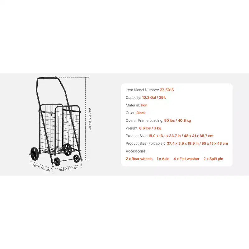 Folding Grocery Utility Cart with Swivel Wheels, 90 lb Capacity, Black