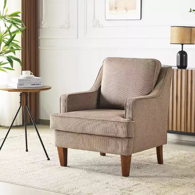 Mid-Century Modern Accent Chair Set of 2, Light Brown Upholstered High Back Armchair