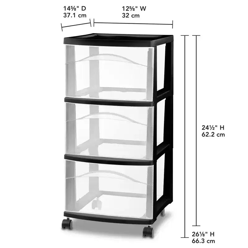 3-Drawer Plastic Rolling Storage Cart, Medium Organizer, Black, 4-Pack