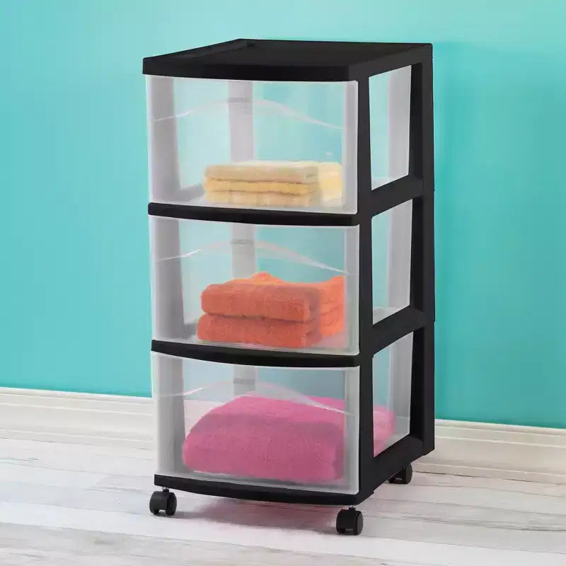 3-Drawer Plastic Rolling Storage Cart, Medium Organizer, Black, 4-Pack