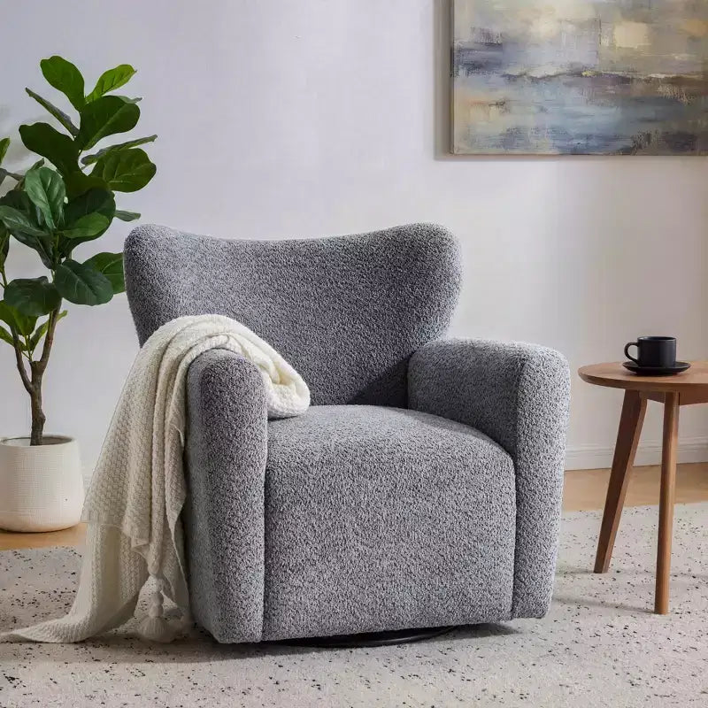Modern Iron Boucle Upholstered 360 Swivel Wingback Chair