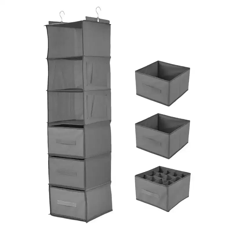 6-Tier Hanging Storage Organizer Non-Woven Fabric, Thick Bamboo Slat Washable, with 3 Removable Drawers + 2 Side Pockets Space-Saving